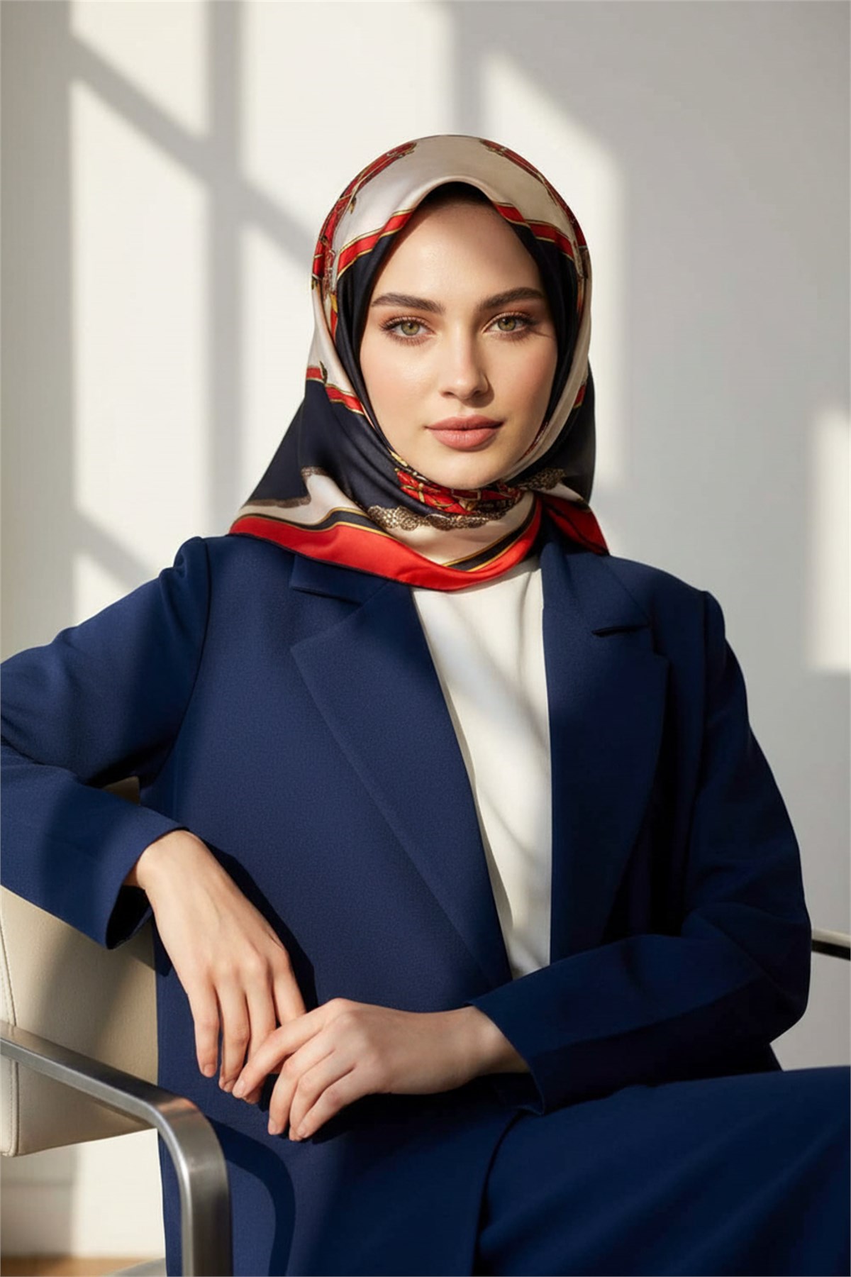 %100 Twill Barok Desenli Kırmızı - Lacivert Renkli 90x90 Eşarp Dikim Şekli: El Dikişi
