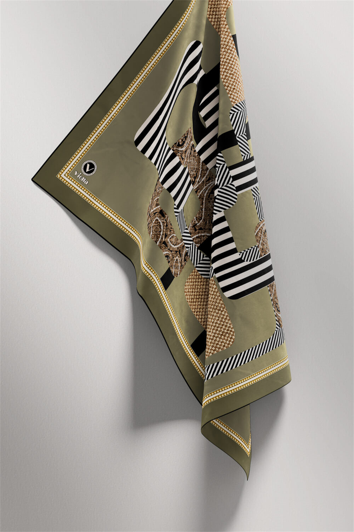 Twill Geometrik Desenli Haki Renkli 90x90 Eşarp (İpek İçermez) Kenar Dikiş Şekli El Dikişli