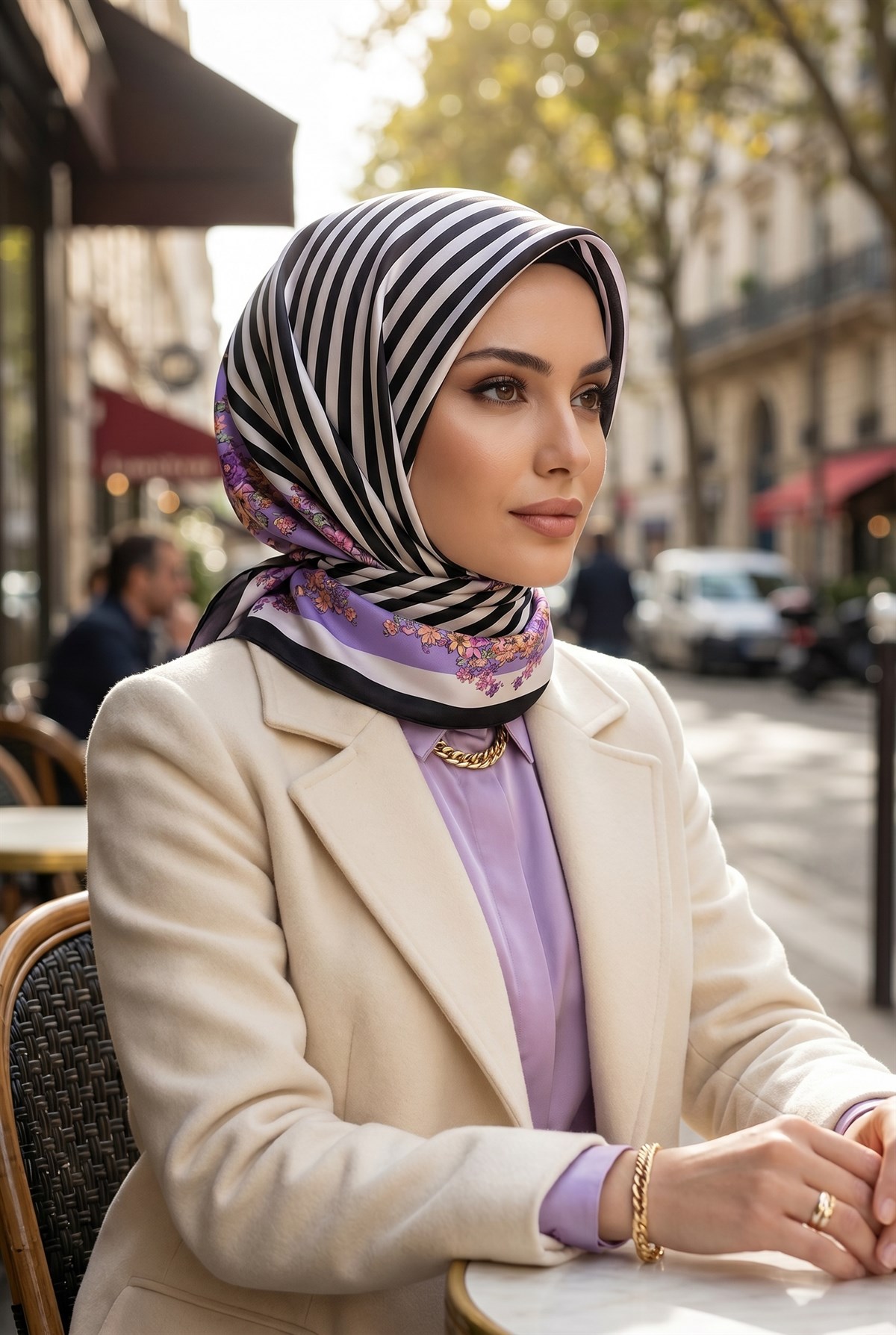 %100 Twill İpek Çıtır Çiçekli Ve Çizgi Desenli Siyah - Lila Renkli 90x90 Eşarp Dikim Şekli : El Dikişi