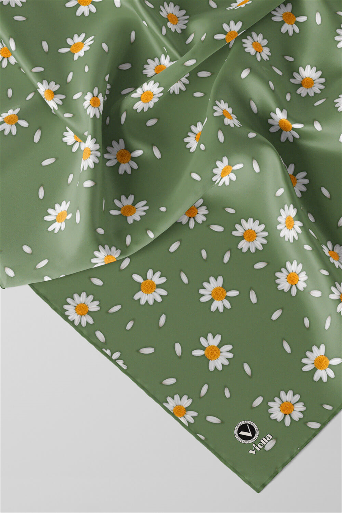 Twill Papatya Desenli Koyu Mint Yeşili Renkli 90x90 Eşarp (İpek İçermez) Kenar Dikiş Şekli El Dikişli