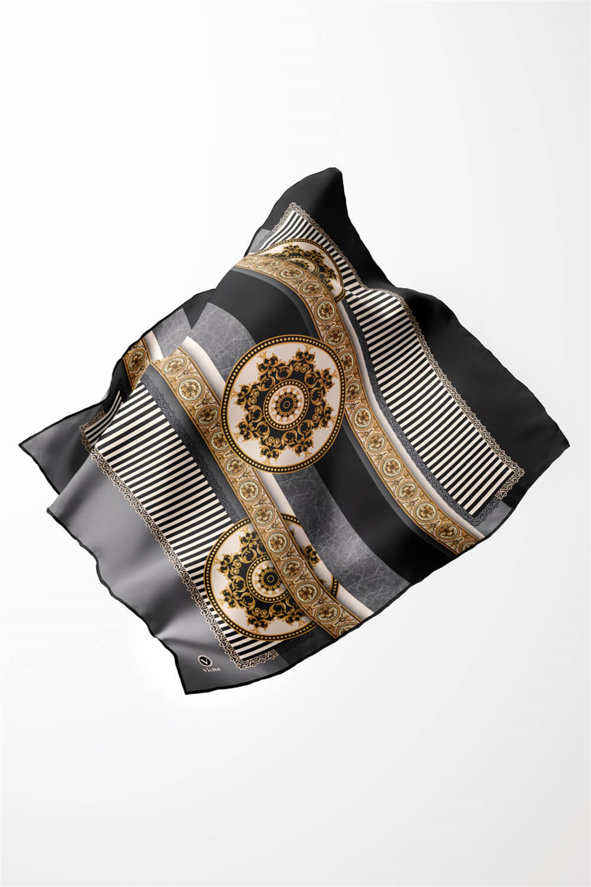 Twill Çizgili ve Barok Desenli Gri Renkli 90x90 Eşarp (İpek İçermez) Kenar Dikiş Şekli El Dikişli