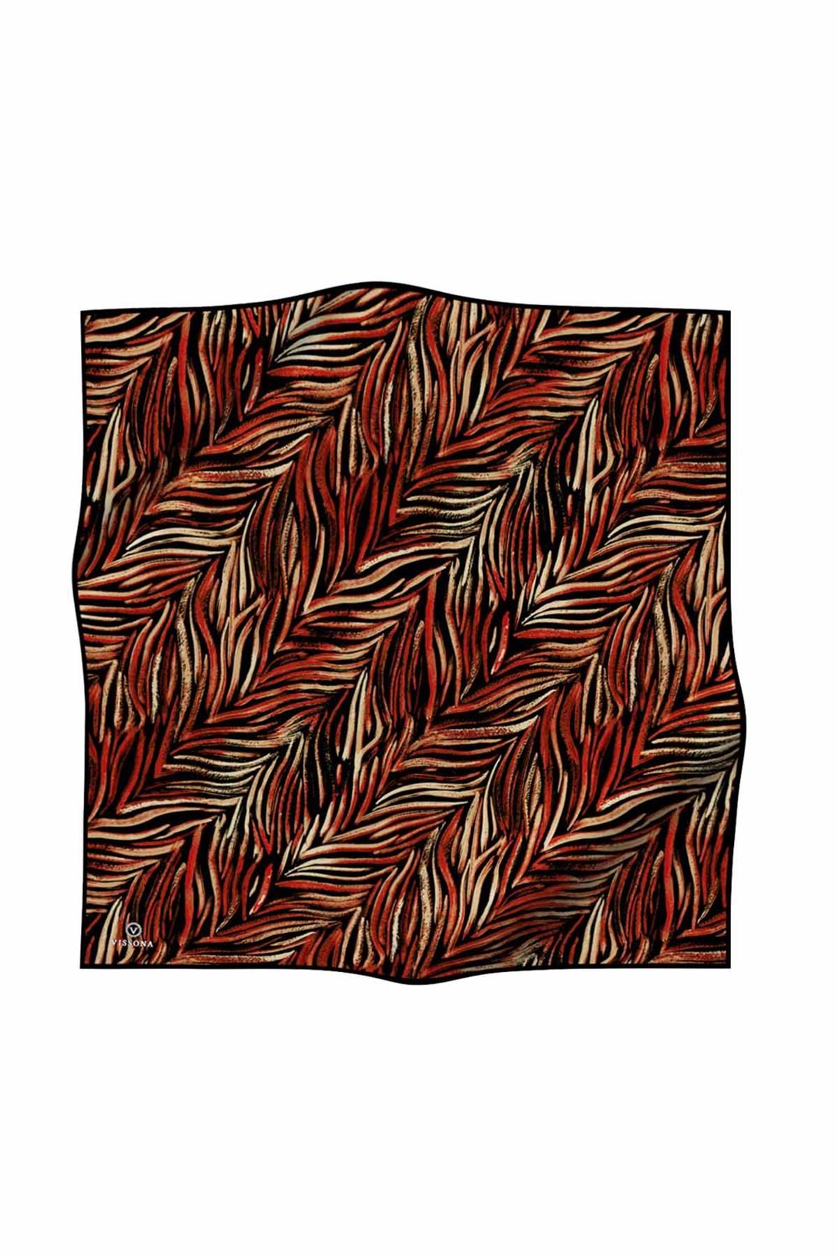 %100 Twill İpek Yaprak Desenli Siyah - Kırmızı Renkli 90x90 Eşarp Dikim Şekli : El Dikişi