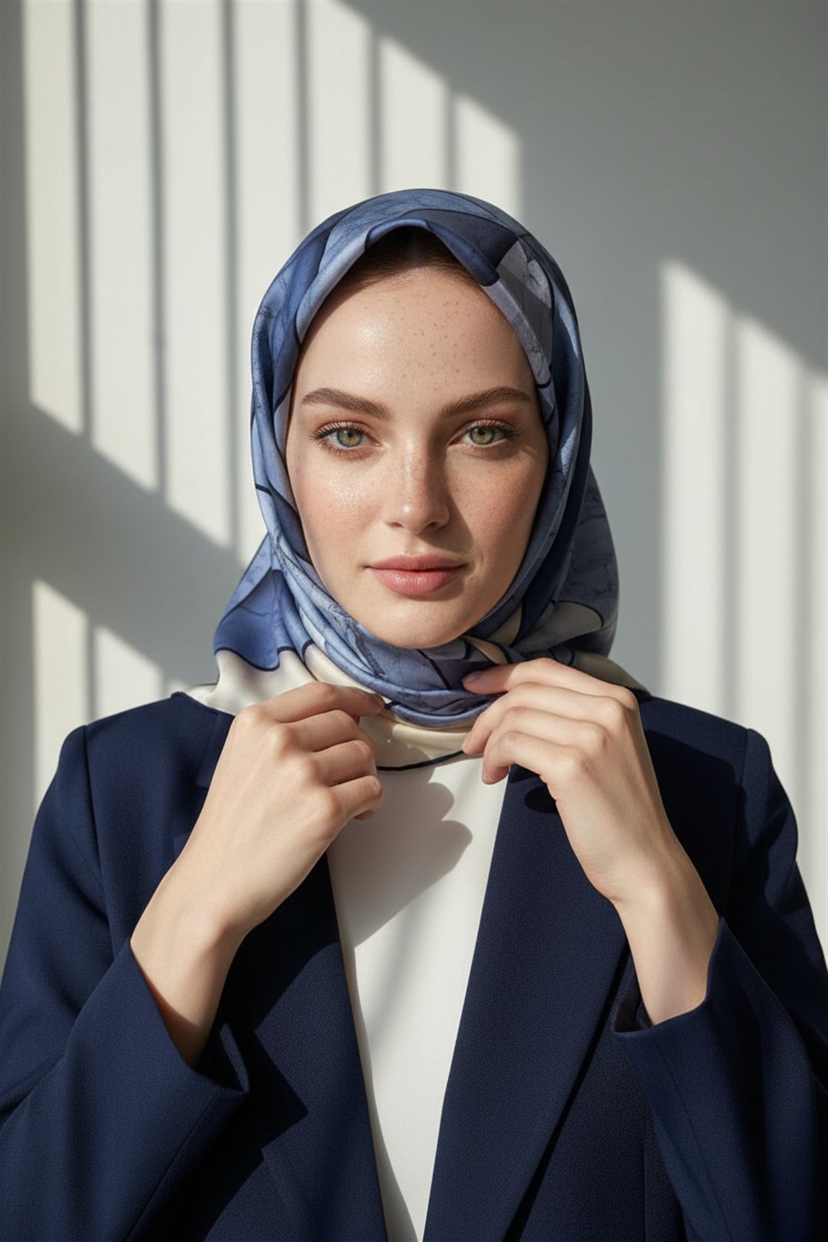 %100 Twill İpek Mermer Desenli İndigo - Lacivert Renkli 90x90 Eşarp Dikim Şekli : El Dikişi