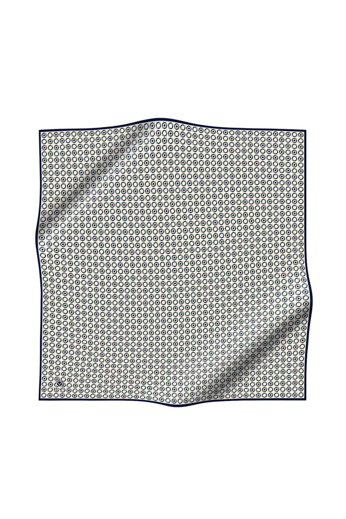 %100 Twill İpek Zincir Desenli Krem - Lacivert Renkli 90x90 Eşarp Kenar Dikiş Şekli El Dikişli