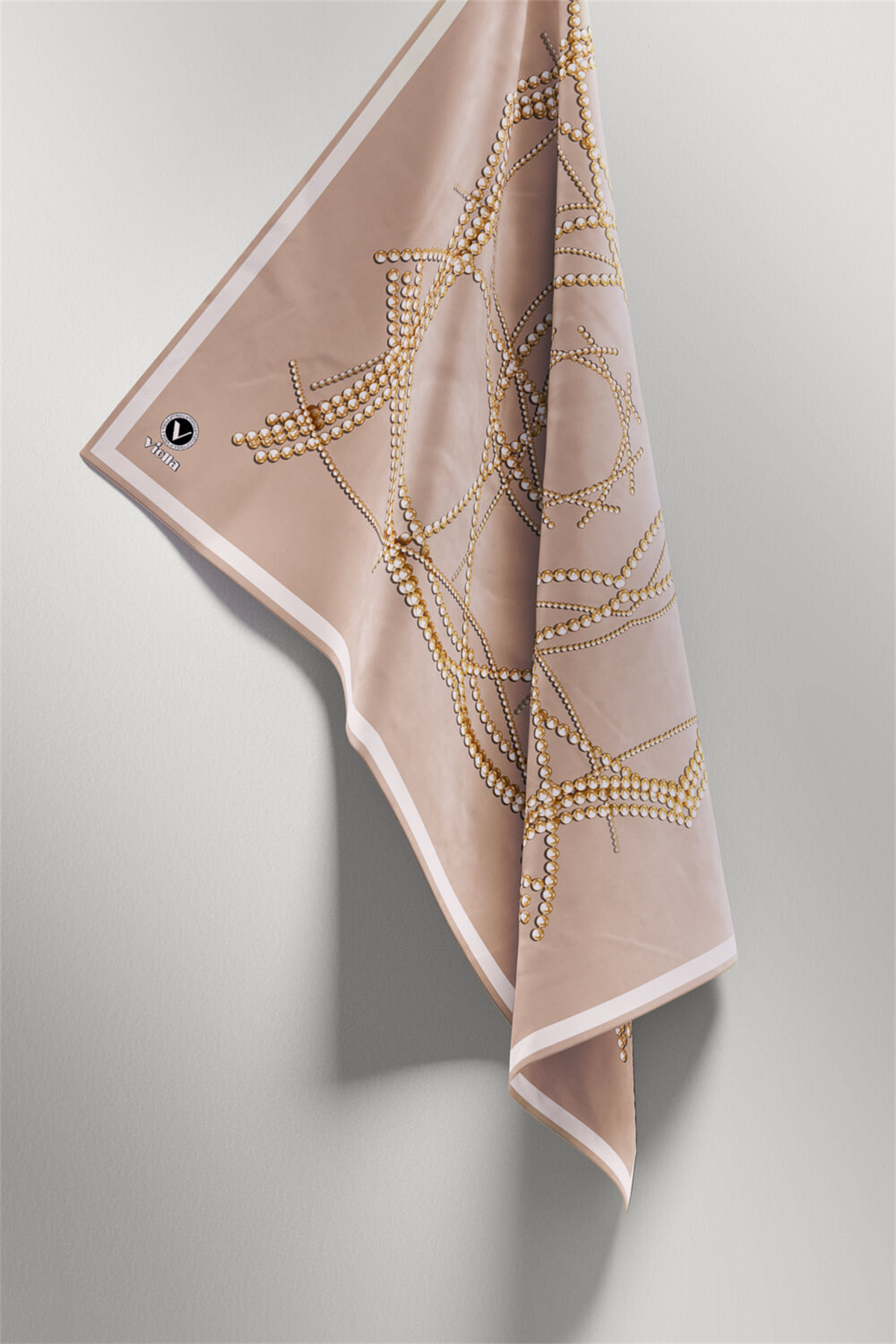 Twill Boncuk Desenli Bej Renkli 90x90 Eşarp (İpek İçermez) Kenar Dikiş Şekli El Dikişli