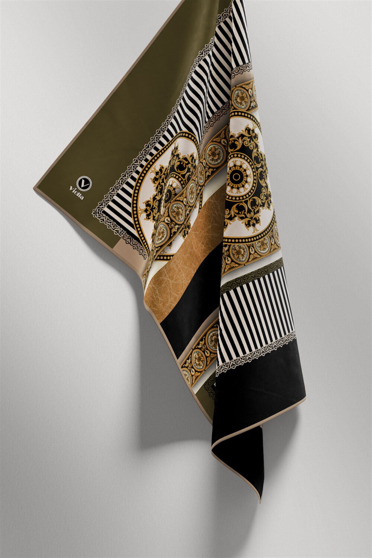Twill Çizgili ve Barok Desenli Haki Renkli 90x90 Eşarp (İpek İçermez) Kenar Dikiş Şekli El Dikişli
