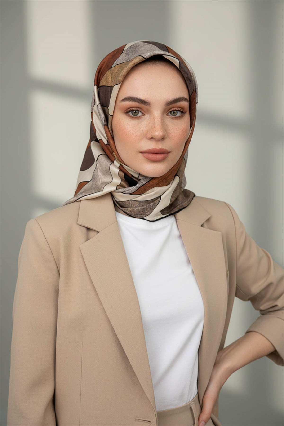 %100 Twill İpek Geometrik Desenli Bej - Taba Renkli 90x90 Eşarp Dikim Şekli : El Dikişi