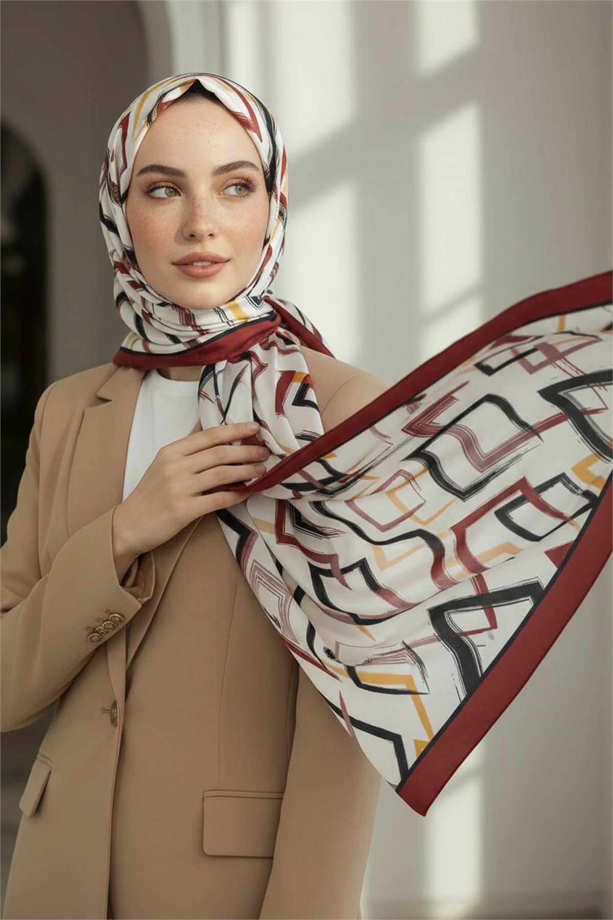 KREP GEOMETRİK DESENLİ BORDO RENKLİ 75X195 KIRIŞMAZ ŞAL