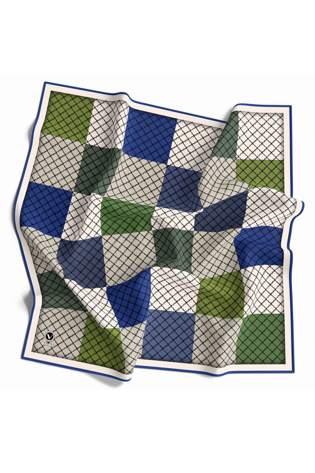 Twill Kare Desenli Saks Renkli 90x90 Eşarp (İpek İçermez) Kenar Dikiş Şekli El Dikişli