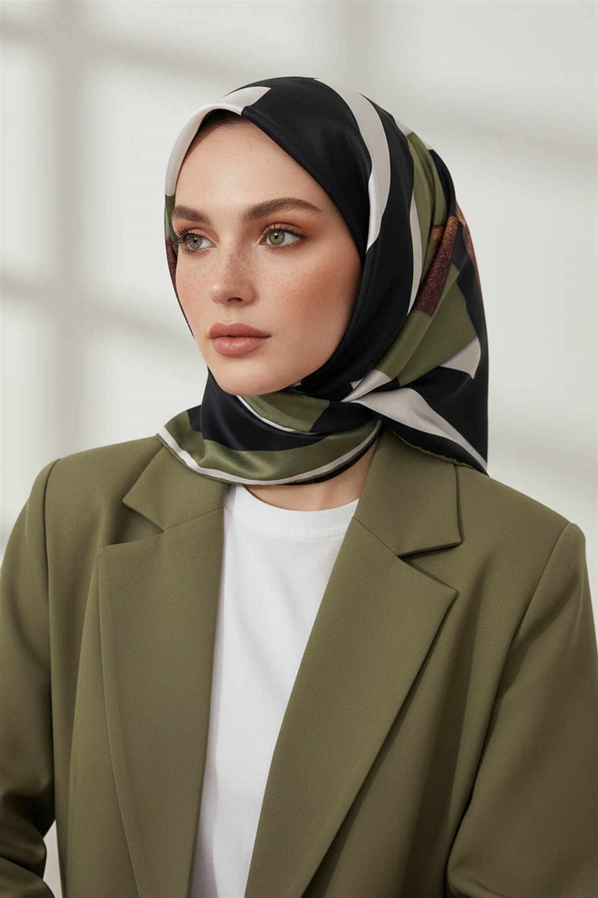 %100 Twill İpek Karo Desenli Haki - Siyah Renkli 90x90 Eşarp Dikim Şekli : El Dikişi