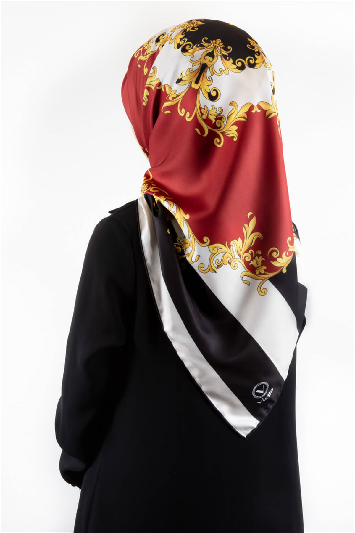 Twill Çizgili Barok Desenli Kırmızı Renkli 90x90 Eşarp (İpek İçermez)