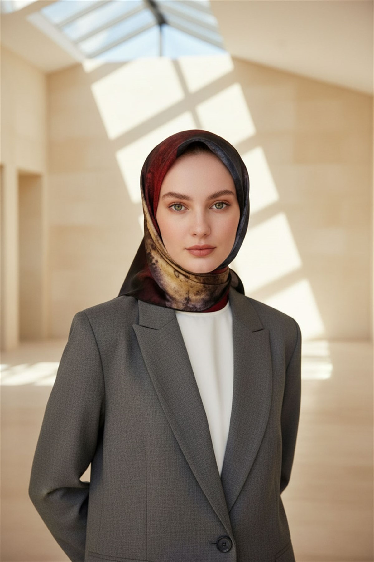 %100 Twill İpek Dokulu Ve Geometrik Desenli Bordo - Gri Renkli 90x90 Eşarp Dikim Şekli : El Dikişi