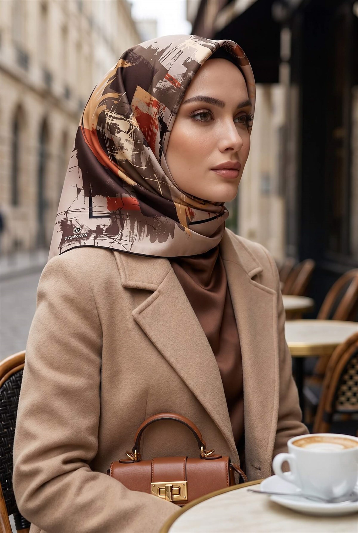 %100 Twill İpek Geometrik Desenli Bej - Taba Renkli 90x90 Eşarp Dikim Şekli : El Dikişi