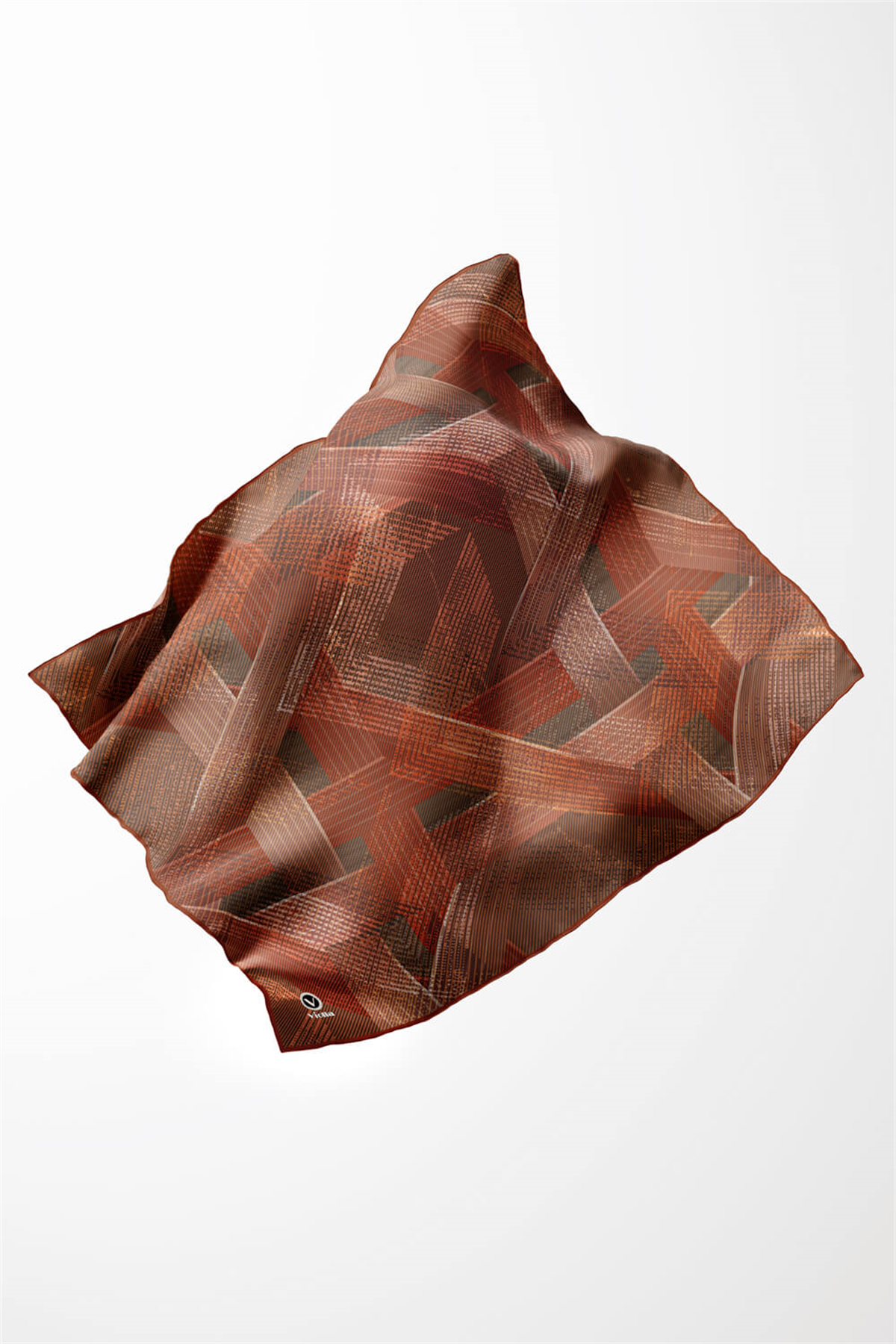 Twill Dokulu Geometrik Desenli Taba Renkli 90x90 Eşarp (İpek İçermez) Kenar Dikiş Şekli El Dikişli