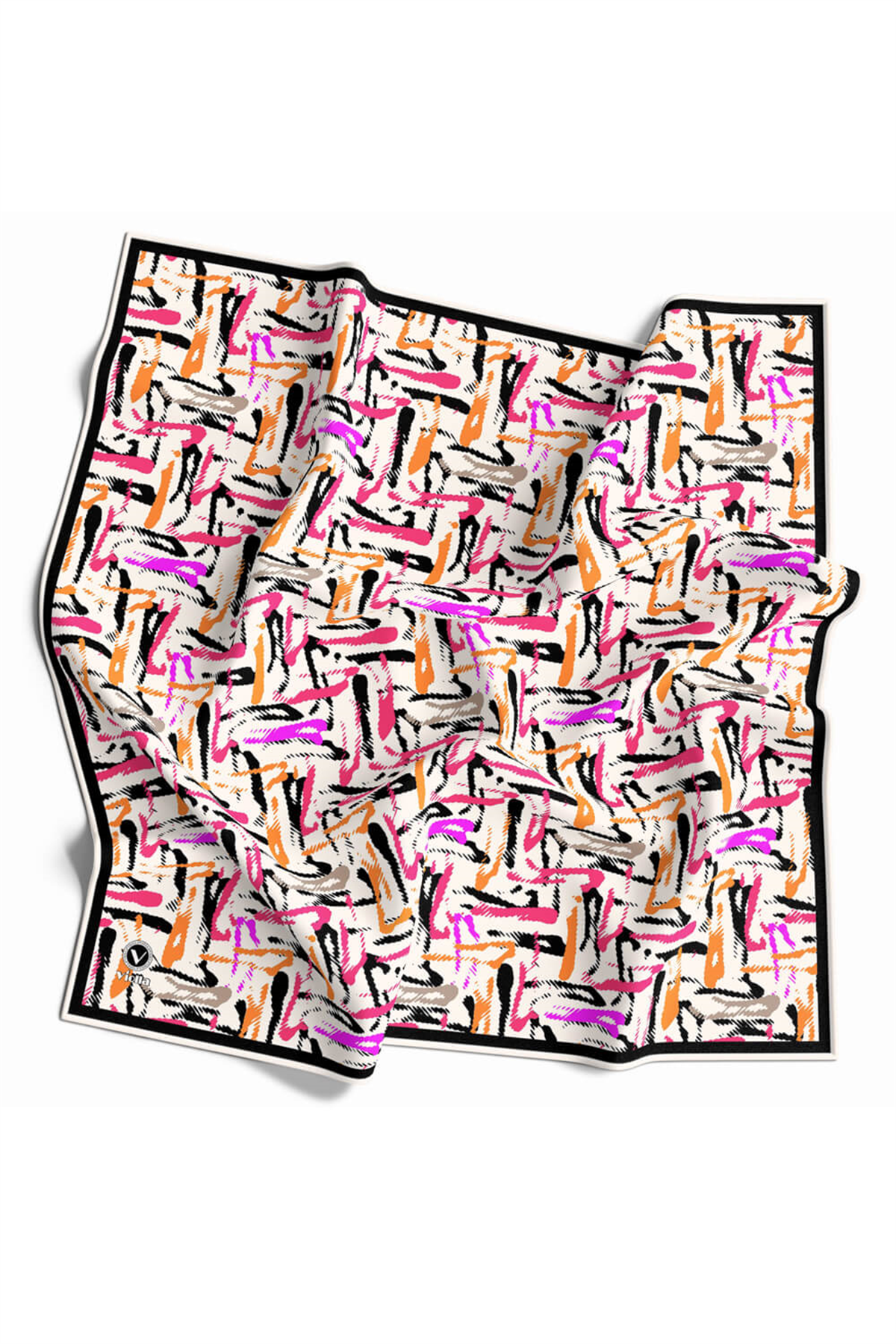 Twill Geometrik Desenli Pembe - Turuncu Renkli 90x90 Eşarp (İpek İçermez) Dikim Şekli : El Dikişi