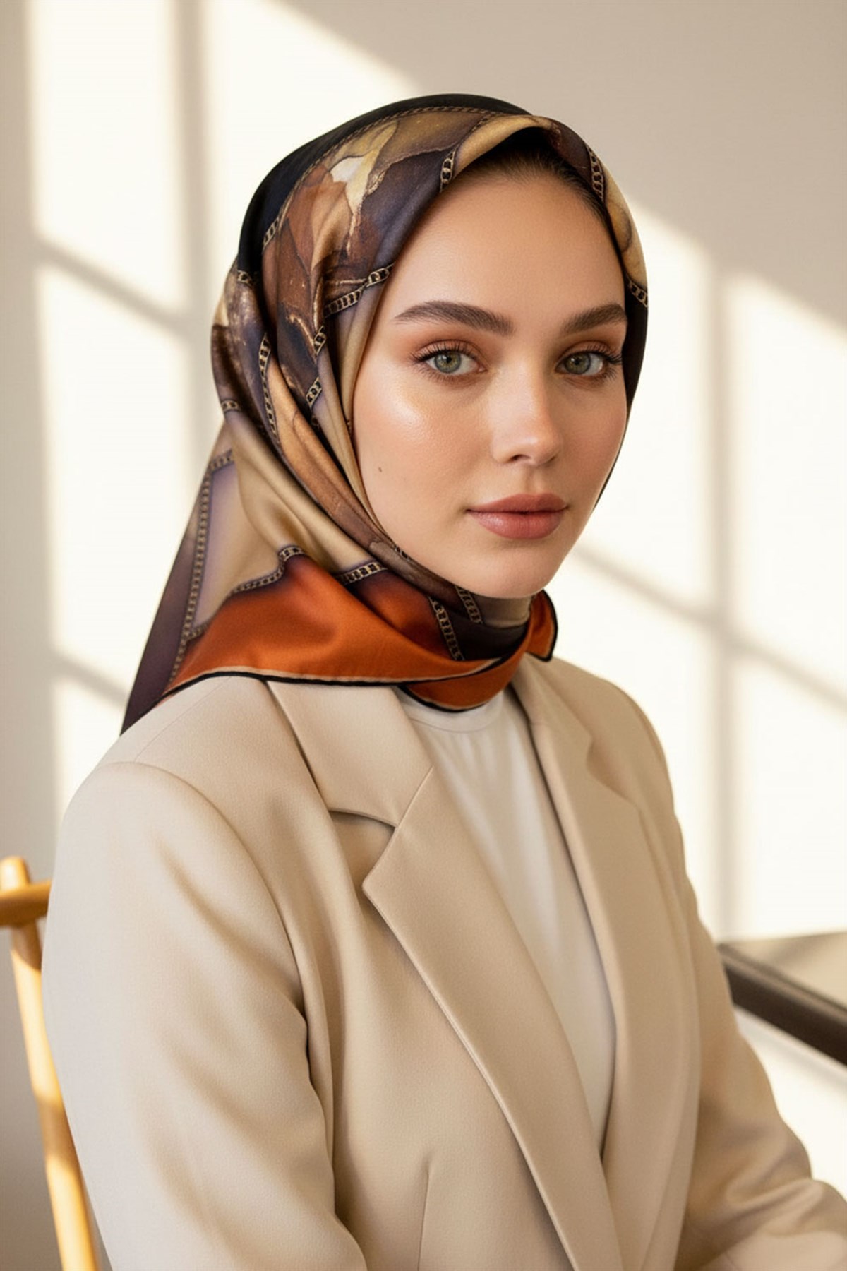 % 57 İPEK % 43 VİSKON Twill İpek Efektli Bant Desenli Taba - Bej Renkli 90x90 Eşarp Dikim Şekli : El Dikişi