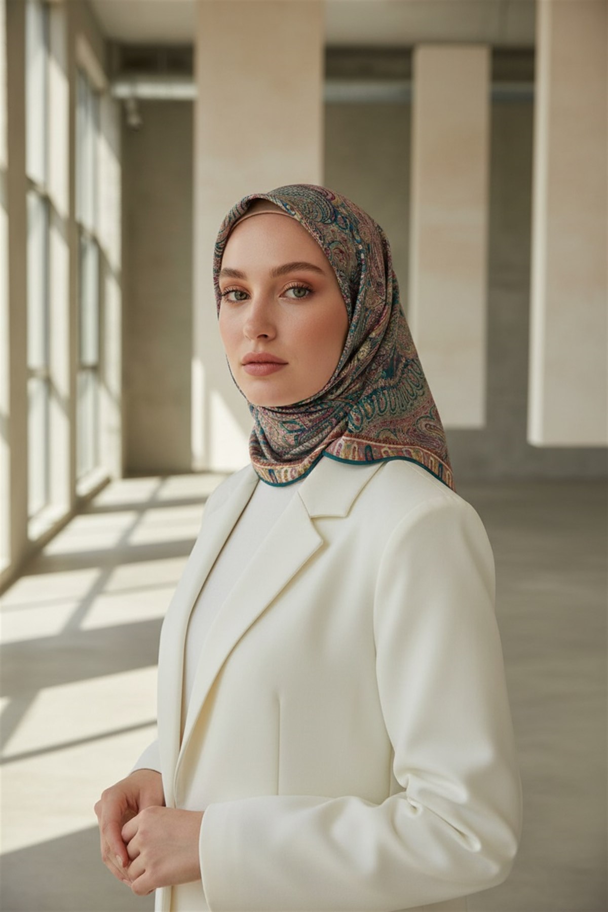 %100 Twill İpek Etro Desenli Petrol Mavisi Renkli 90x90 Eşarp Dikim Şekli : El Dikişi