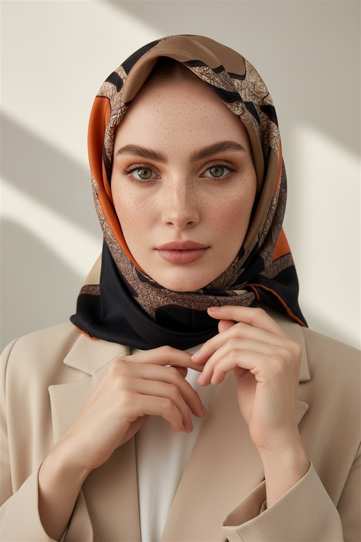 % 57 İPEK % 43 VİSKON Twill İpek Gold Efektli Geometrik Desenli Siyah - Taba Renkli 90x90 Eşarp Dikim Şekli : El Dikişi