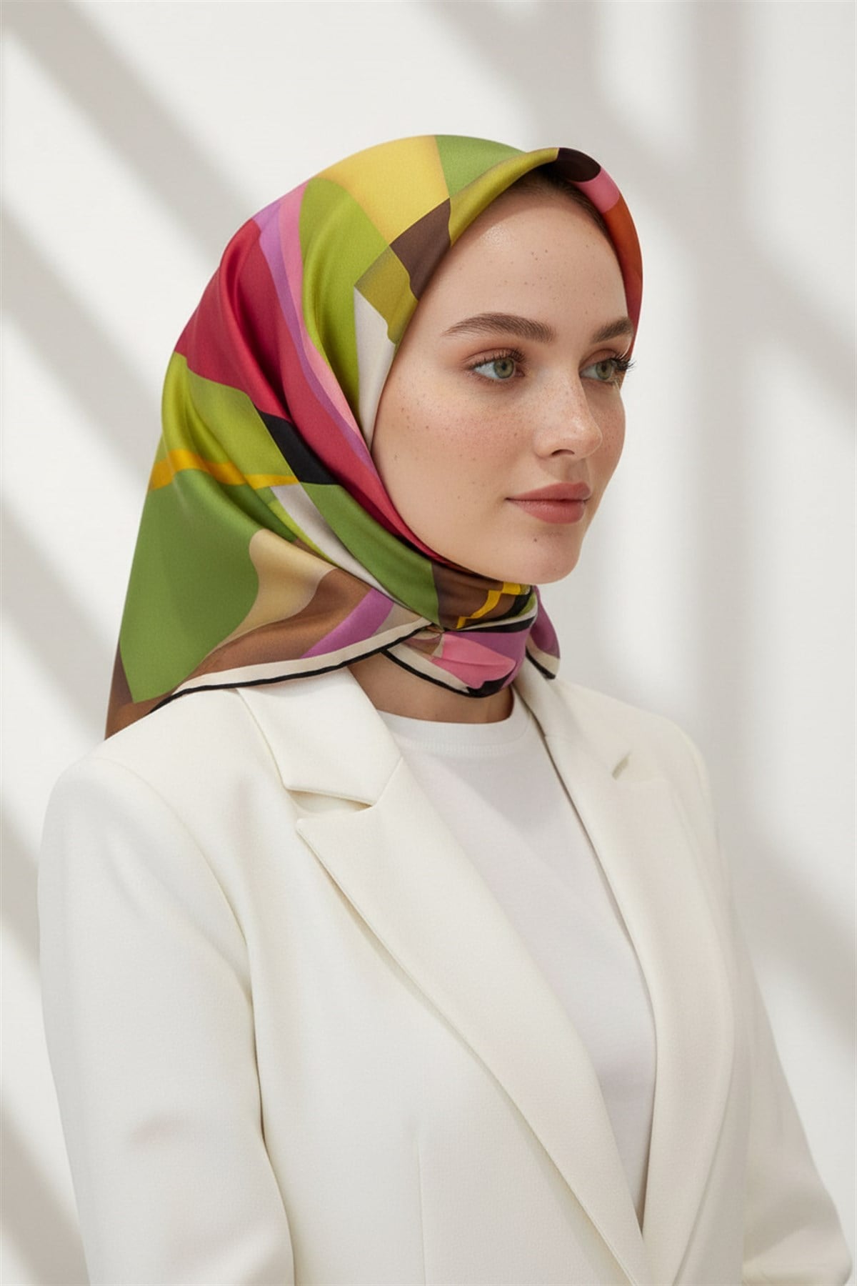 %100 Twill İpek Geometrik Desenli Fıstık Yeşili Renkli 90x90 Eşarp Dikim Şekli : El Dikişi