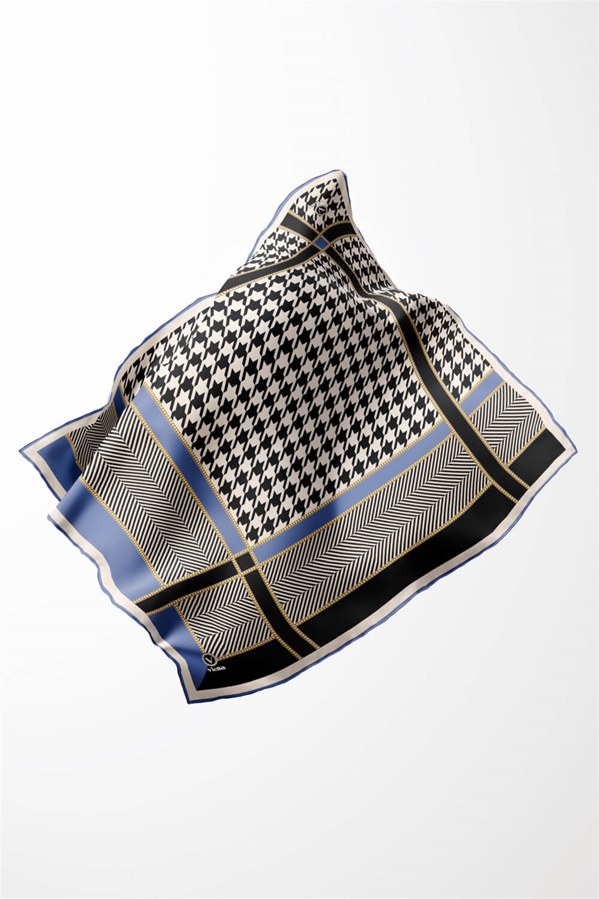 Twill Kazayağı Desenli İndigo Renkli 90x90 Eşarp (İpek İçermez) Kenar Dikiş Şekli El Dikişli