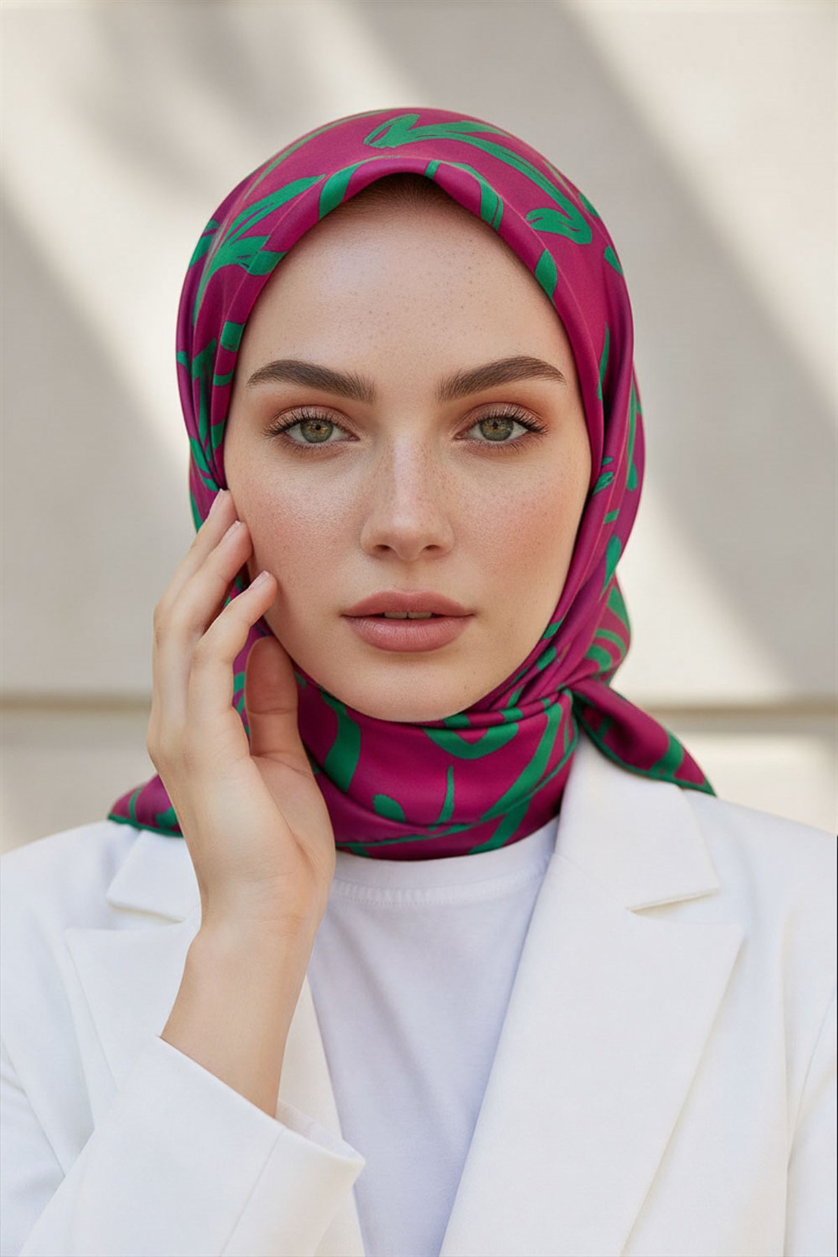 % 57 İPEK % 43 VİSKON Twill İpek Büyük Çiçek Desenli Fuşya - Koyu Mint Yeşili Renkli 90x90 Eşarp Dikim Şekli : El Dikişi