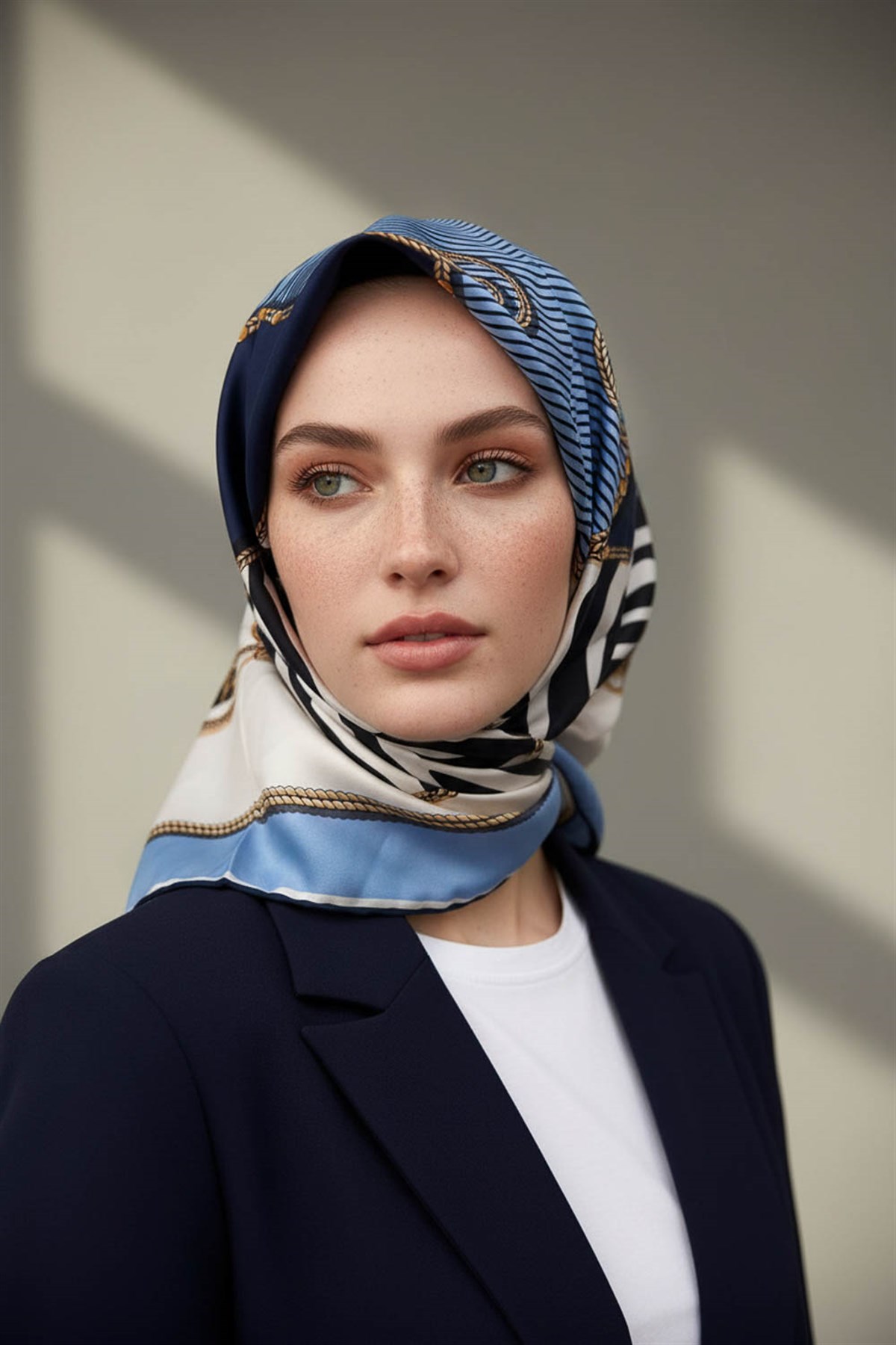 %100 Twill İpek Zincirli Ve Zebra Desenli İndigo - Lacivert Renkli 90x90 Eşarp Dikim Şekli : El Dikişi