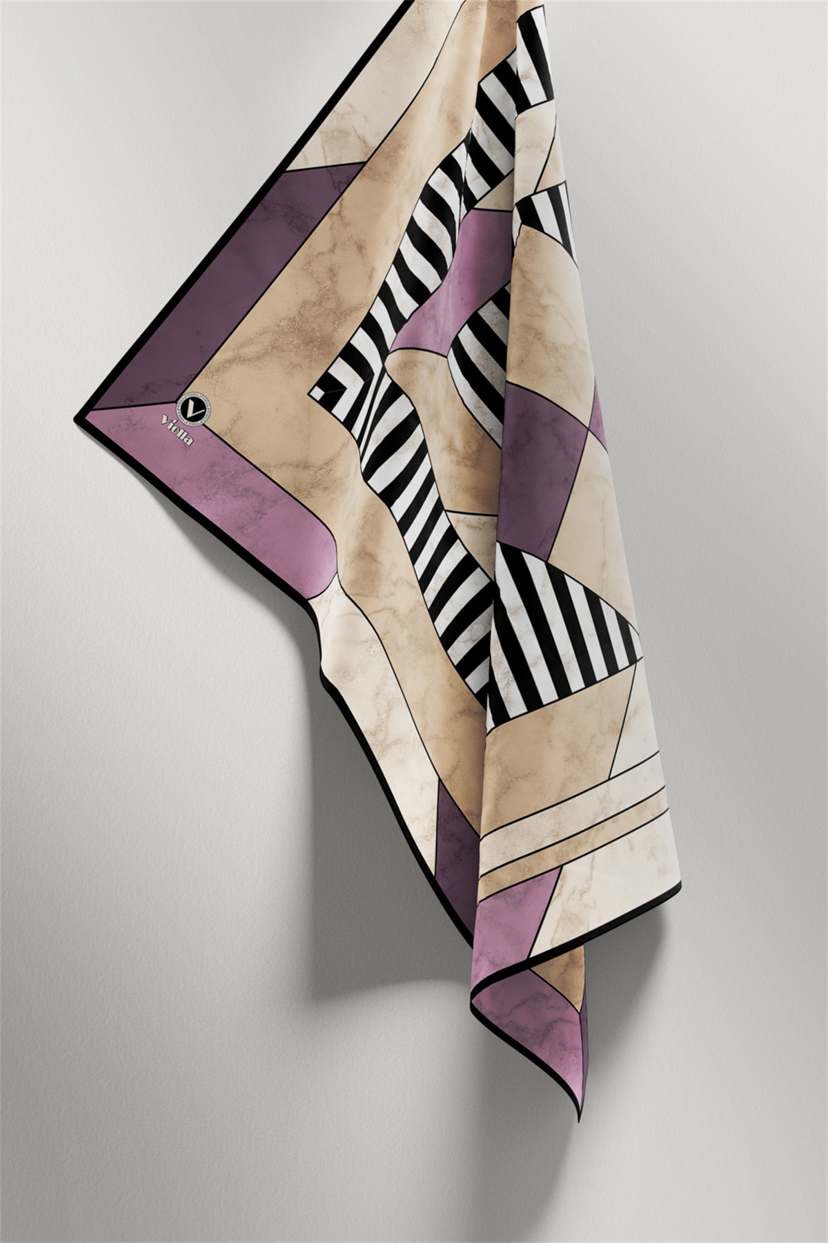 Twill Çizgili Geometrik Mermer Desenli Lila Renkli 90x90 Eşarp (İpek İçermez) Kenar Dikiş Şekli El Dikişli