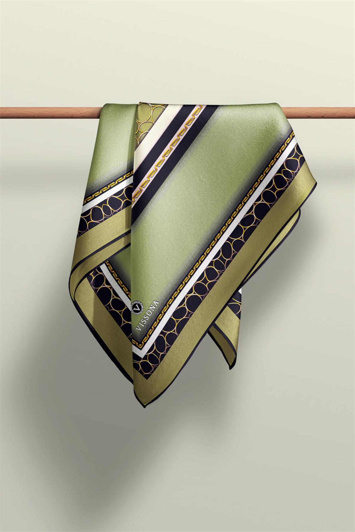 %100 Twill İpek Gold Halka Desenli Haki - Siyah Renkli 90x90 Eşarp Dikim Şekli : El Dikişi