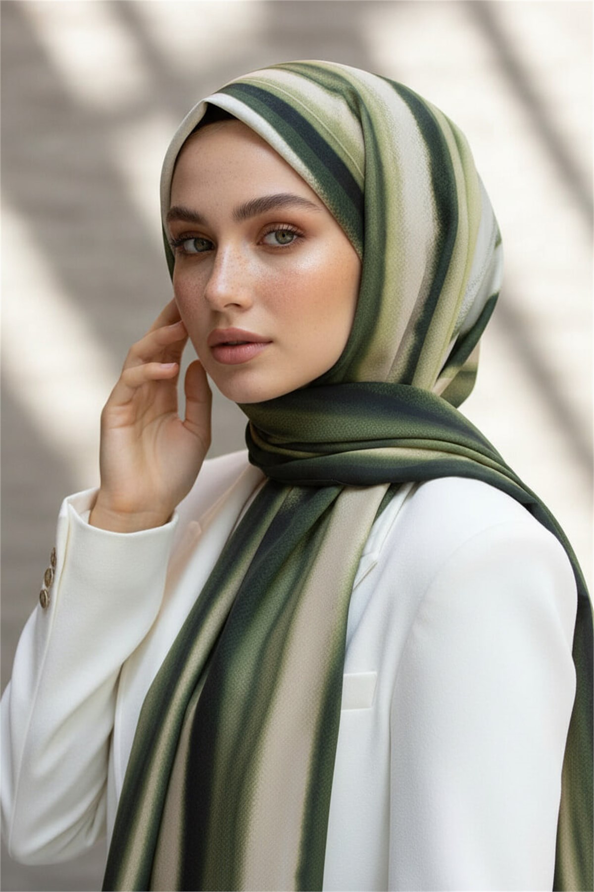 KREP SULU BOYA ÇİZGİLİ DESENLİ ZÜMRÜT YEŞİLİ RENKLİ 75X195 KIRIŞMAZ ŞAL