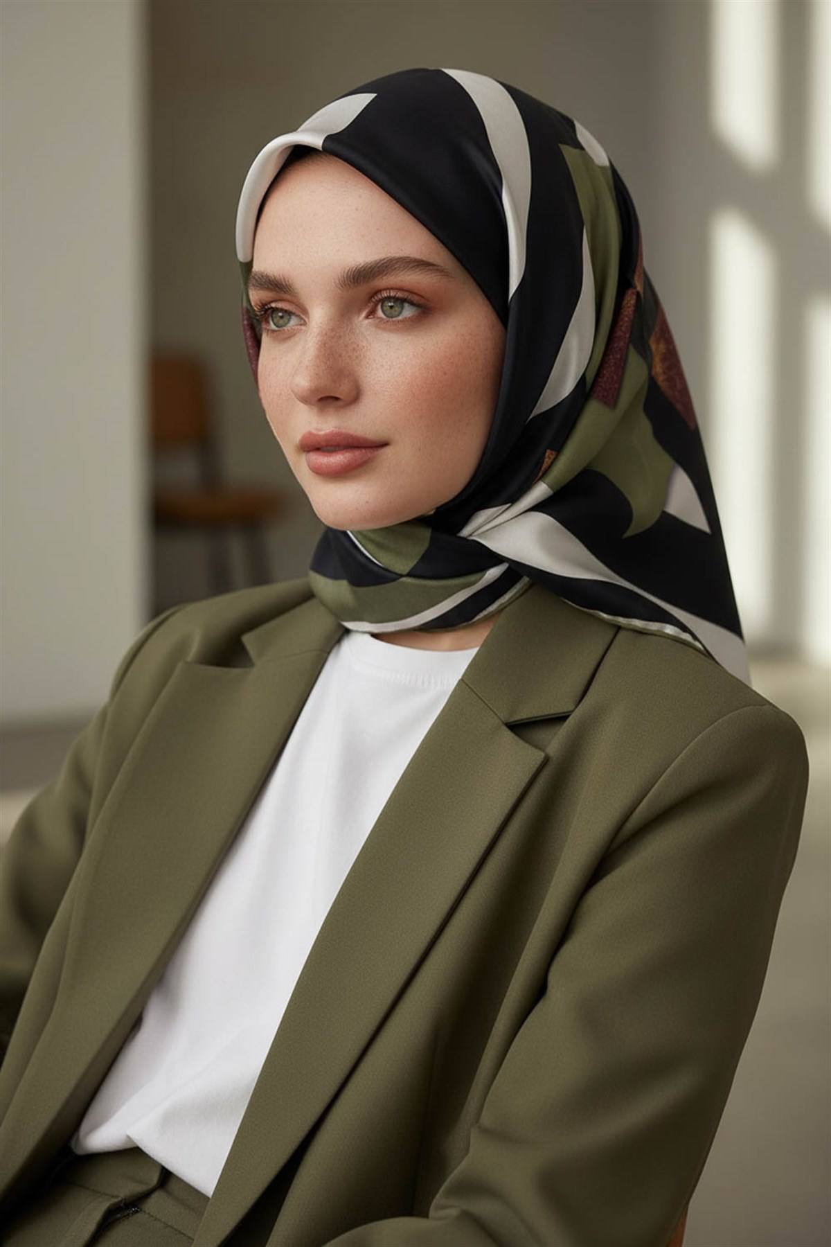 %100 Twill İpek Karo Desenli Haki - Siyah Renkli 90x90 Eşarp Dikim Şekli : El Dikişi