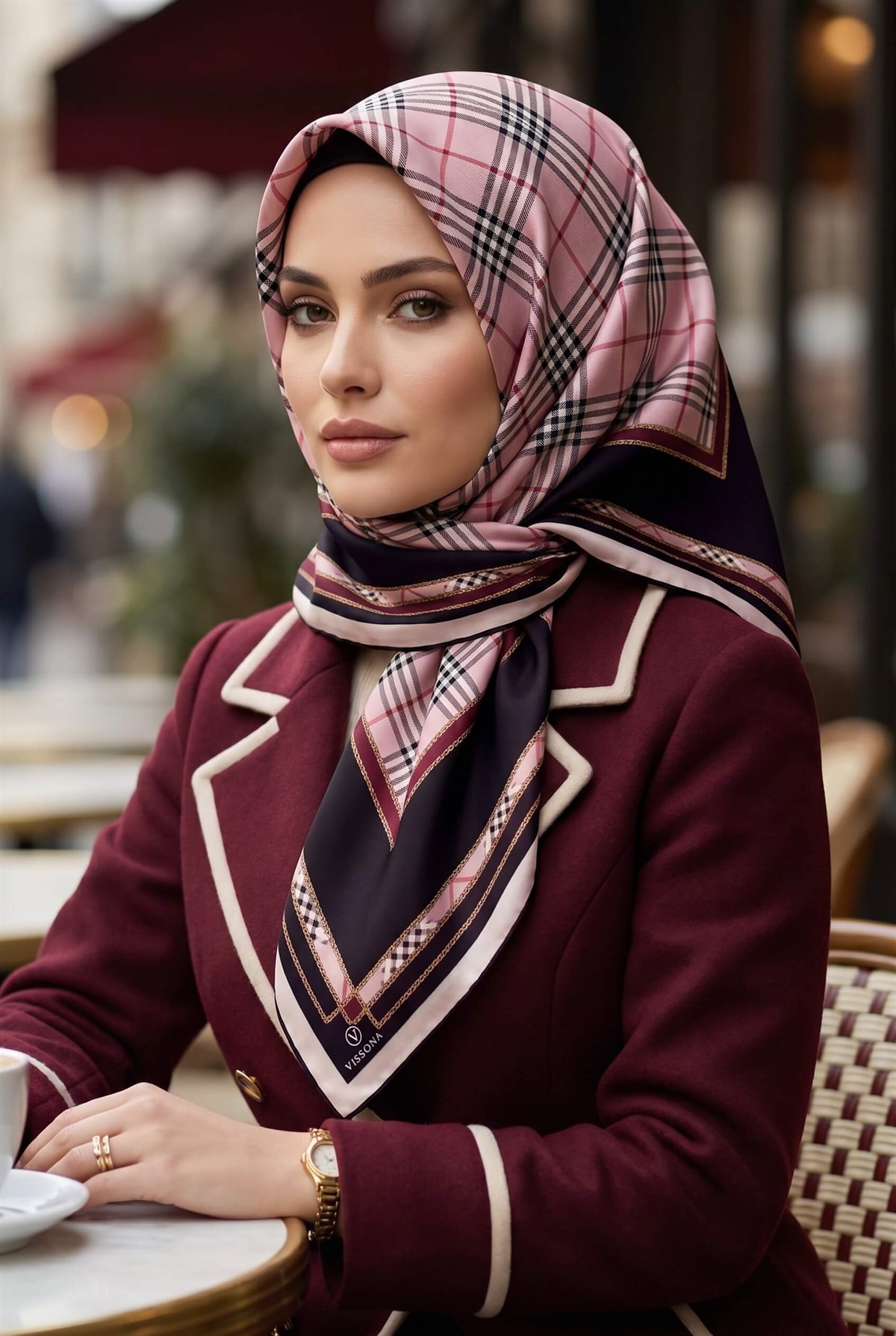 %100 Twill İpek Ekose Desenli Pudra - Şarabi Renkli 90x90 Eşarp Dikim Şekli : El Dikişi