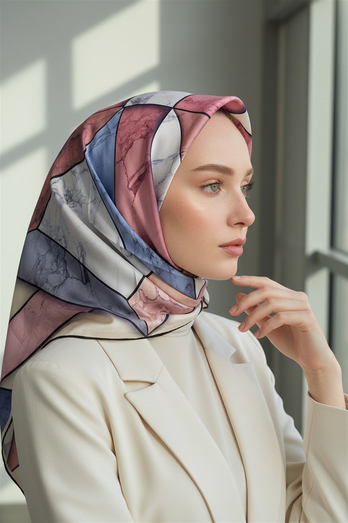 %100 Twill İpek Mermer Desenli Pudra - Bebe Mavisi Renkli 90x90 Eşarp Dikim Şekli : El Dikişi
