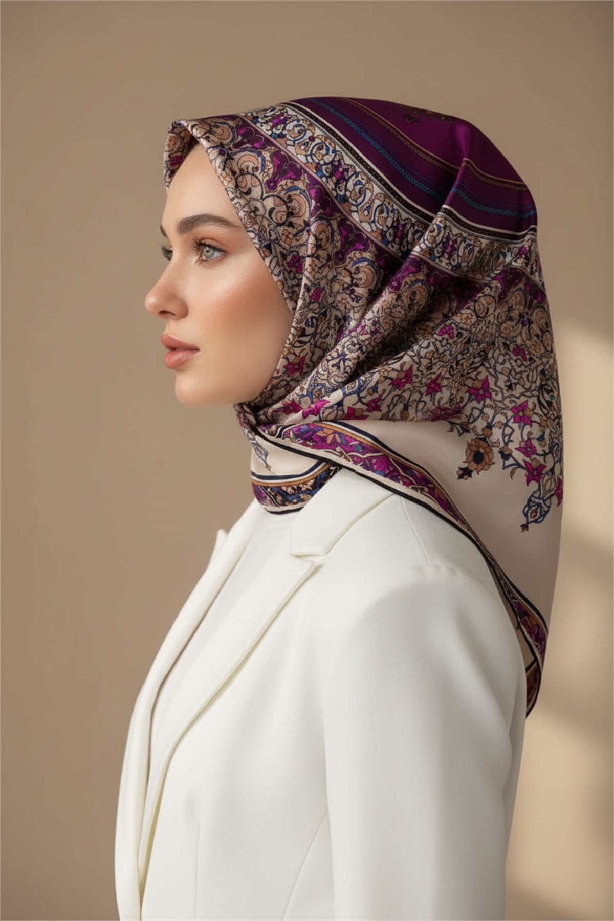 %100 Twill İpek Şal Desenli Mürdüm Renkli 90x90 Eşarp Dikim Şekli : El Dikişi