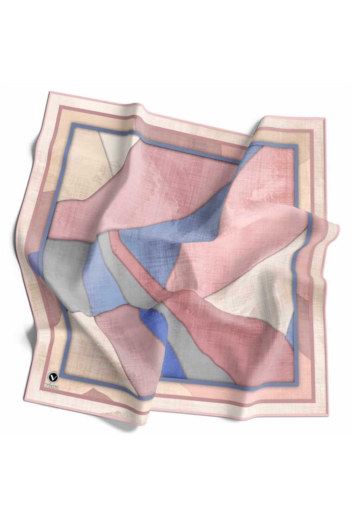 Twill Geometrik Desenli Pudra Renkli 90x90 Eşarp (İpek İçermez) Kenar Dikiş Şekli El Dikişli