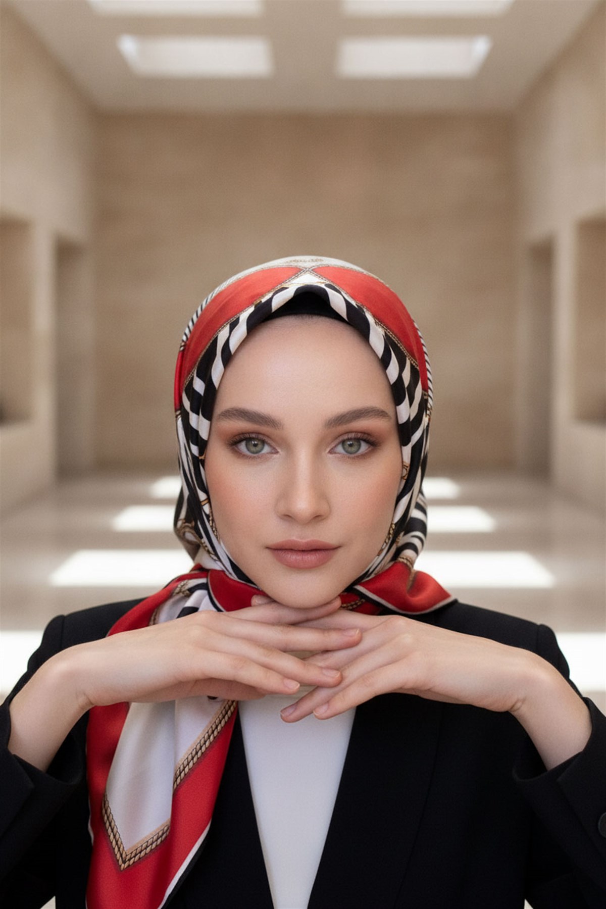 %100 Twill İpek Zincirli Ve Zebra Desenli Kırmızı - Siyah Renkli 90x90 Eşarp Dikim Şekli : El Dikişi