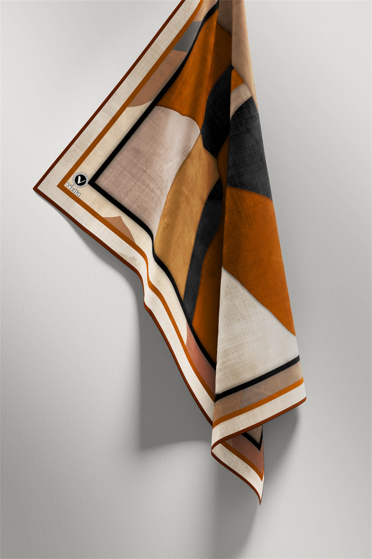 Twill Geometrik Desenli Taba Renkli 90x90 Eşarp (İpek İçermez) Kenar Dikiş Şekli El Dikişli