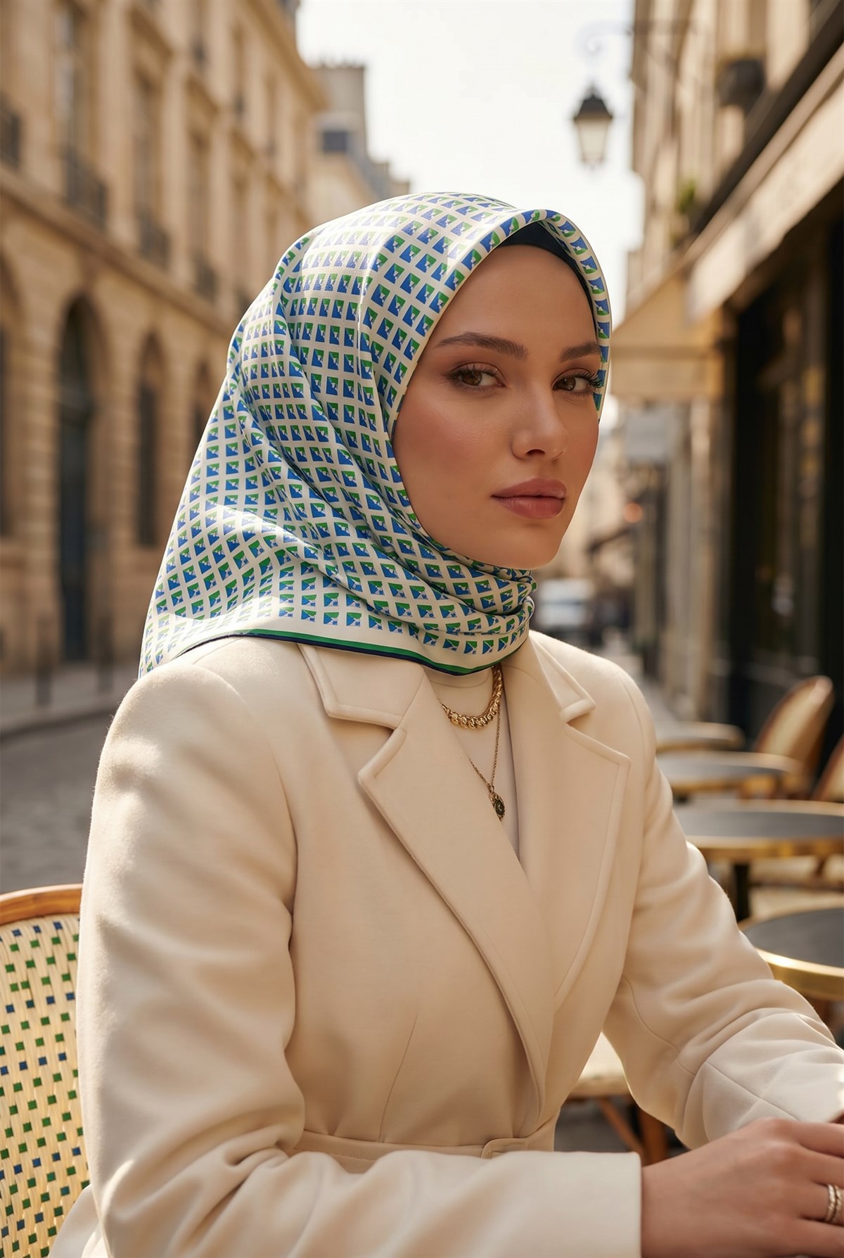 %100 Twill İpek Geometrik Desenli Benetton Yeşili - Saks Renkli 90x90 Eşarp Dikim Şekli : El Dikişi