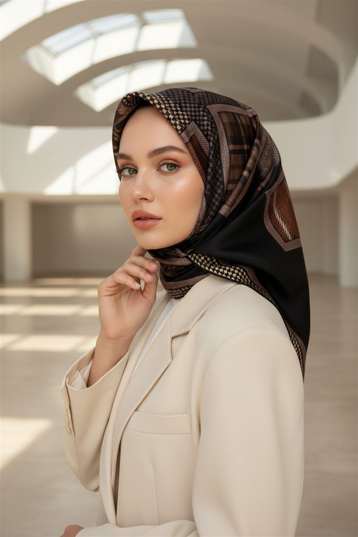 %100 Twill İpek Kazakayaklı Ve Ekose Desenli Siyah - Taba Renkli 90x90 Eşarp Dikim Şekli : El Dikişi