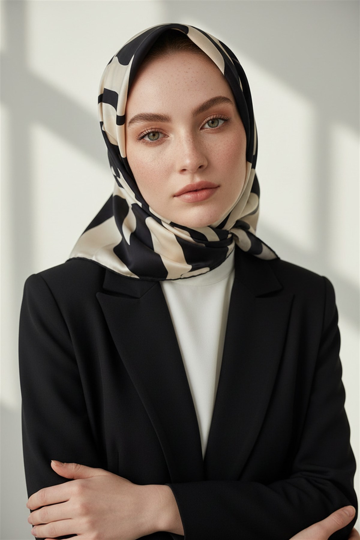 100% Twill İpek Dalga Desenli Siyah - Krem Renkli 90x90 Dikim Şekli : El Dikişi Eşarp