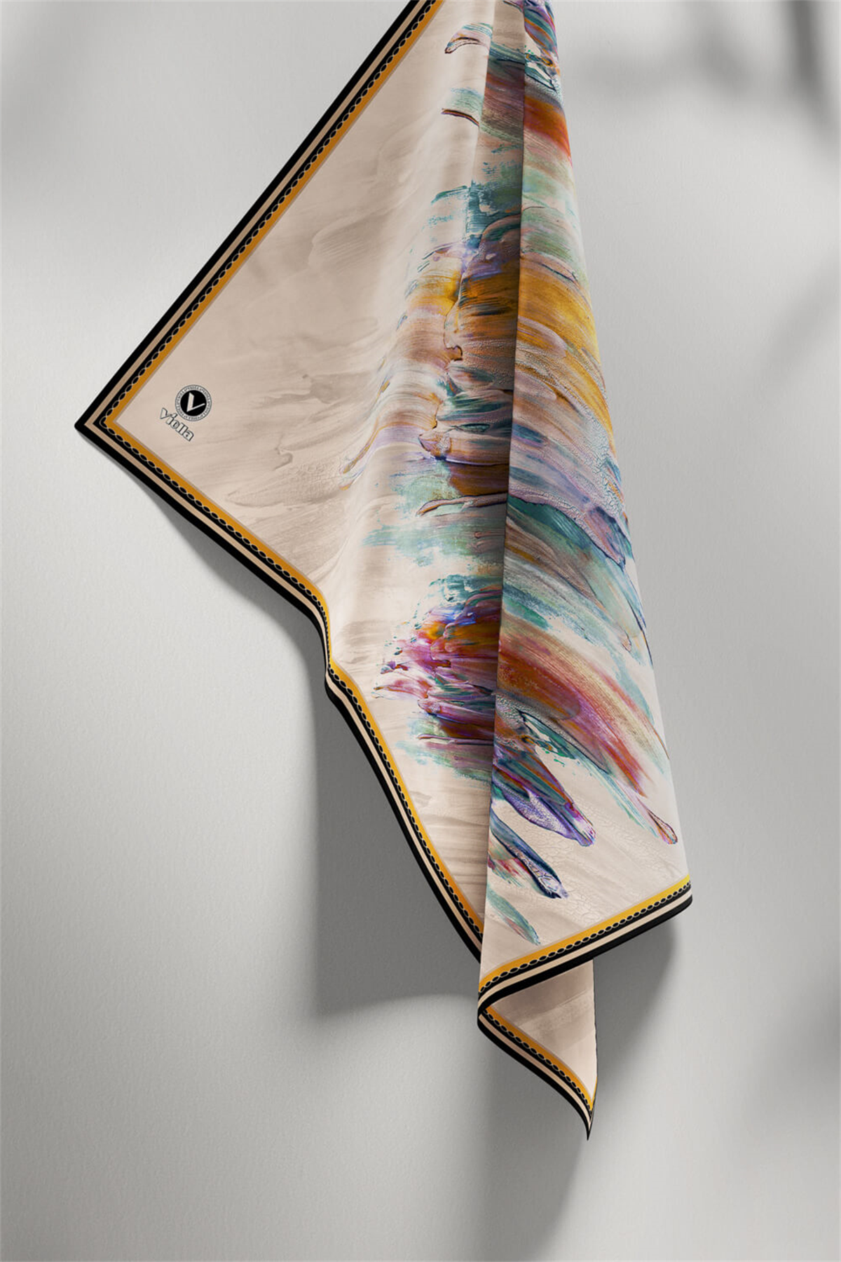 Twill Fırça Darbesi Desenli Hardal Renkli 90x90 Eşarp (İpek İçermez) Dikim Şekli : El Dikişi