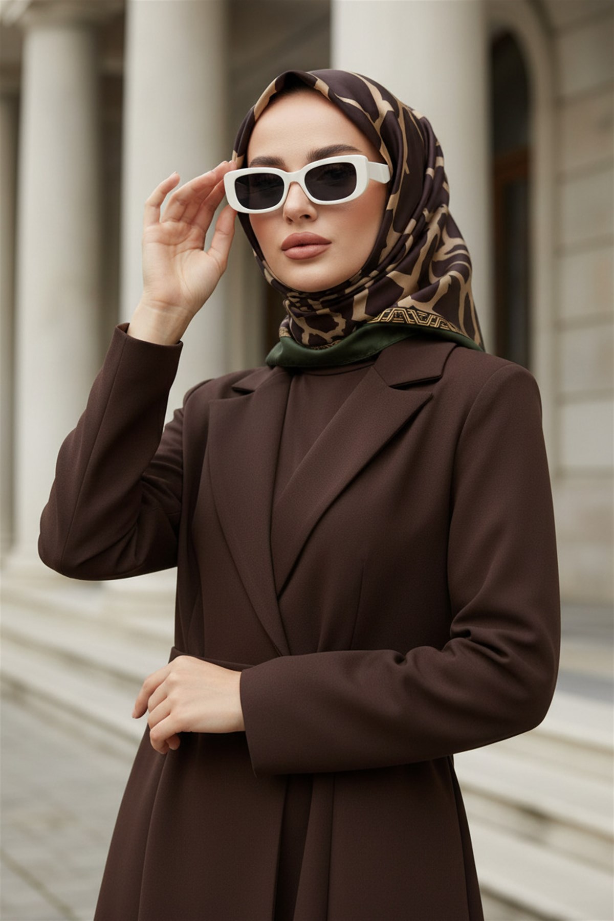%100 Twill Taş Desenli Bej - Haki Renkli 90x90 Eşarp Dikim Şekli: El Dikişi