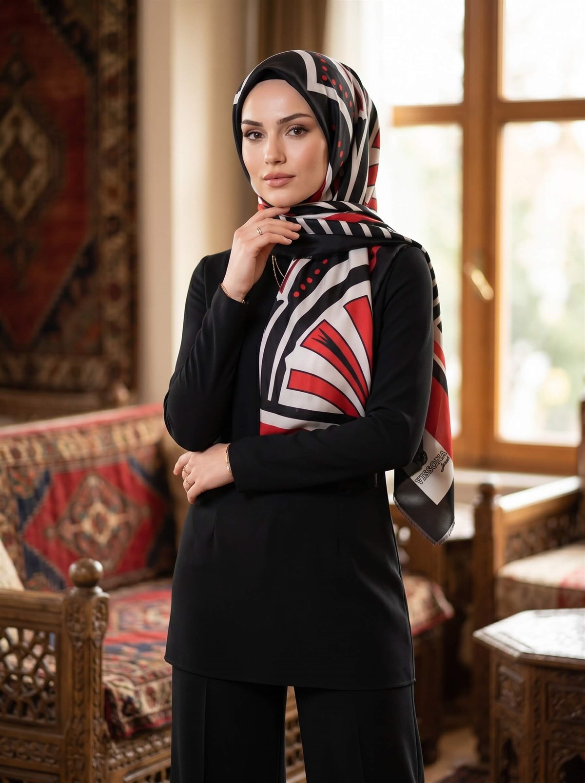 %100 Saf İpek Şal İnce Saten Vual Dokuma Yelpaze Desenli Kırmızı - Siyah Renkli 90x210 Şal