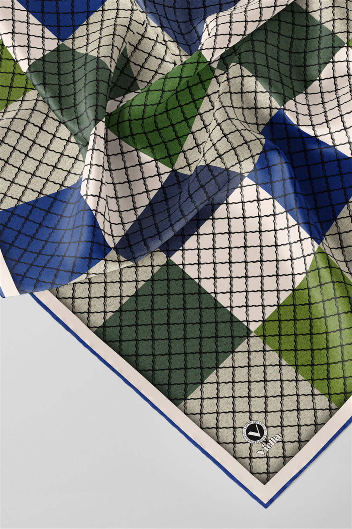 Twill Kare Desenli Saks Renkli 90x90 Eşarp (İpek İçermez) Kenar Dikiş Şekli El Dikişli