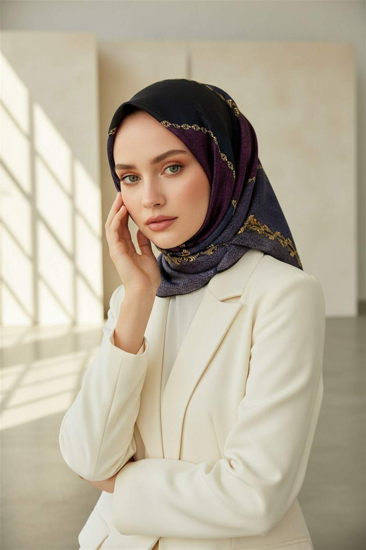 %100 Twill İpek Geometrik Desenli İndigo - Mürdüm Renkli 90x90 Eşarp Dikim Şekli : El Dikişi