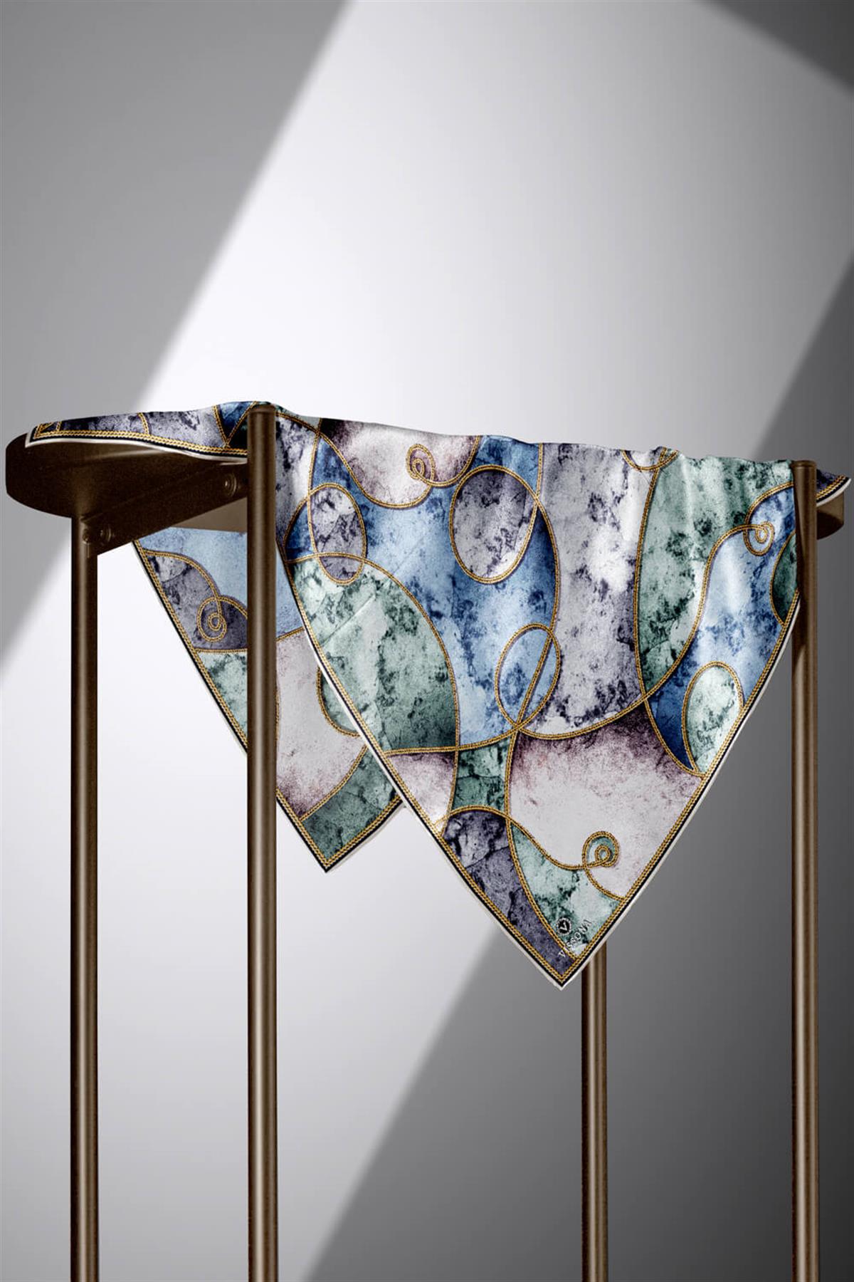 %100 Twill İpek Zincirli Mermer Desenli İndigo - Mint Yeşili Renkli 90x90 Eşarp Dikim Şekli : El Dikişi