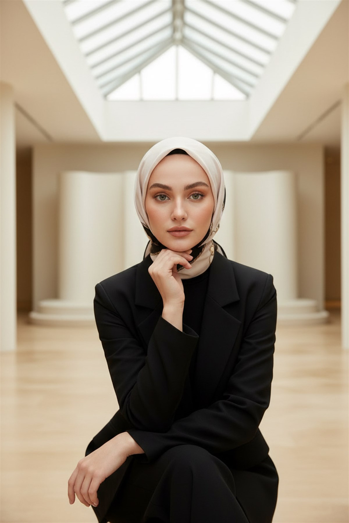 %100 Saf İpek Şal İnce Saten Vual Dokuma Geometrik Desenli Siyah - Pudra Renkli 90x210 Şal