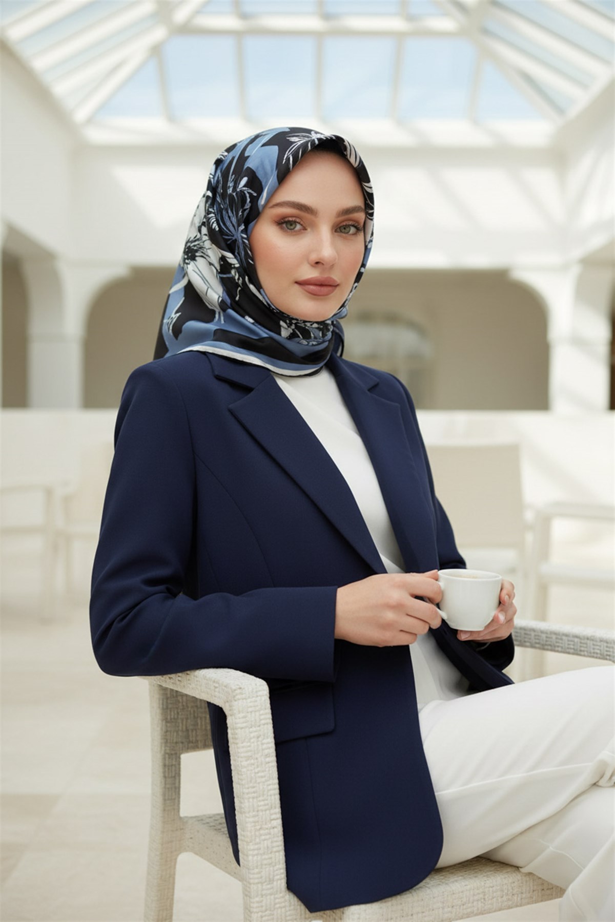 %100 Twill İpek Çiçekli ve Geometrik Desenli İndigo - Siyah Renkli 90x90 Eşarp Dikim Şekli : El Dikişi