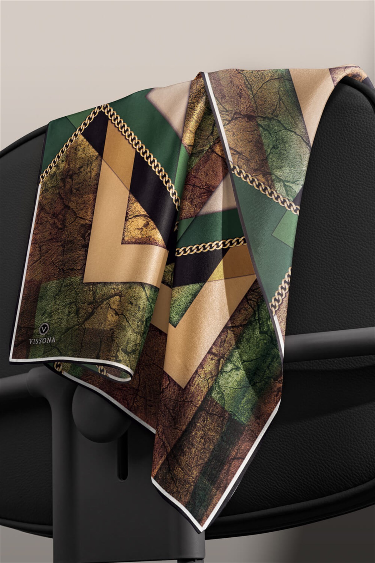 %100 Twill İpek Taş Efekti Desenli Zümrüt - Siyah Renkli 90x90 Eşarp Dikim Şekli : El Dikişi