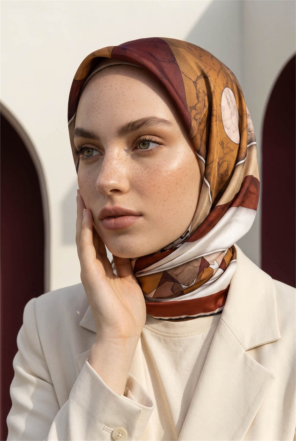 Rayon Geometrik Mermer Desenli Taba Renkli 90x90 Eşarp (İpek İçermez) Kenar Dikiş Şekli El Dikişli