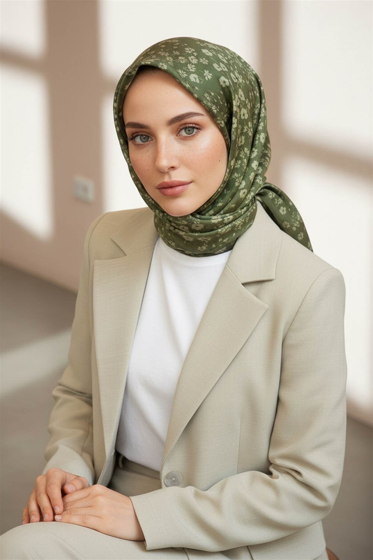 %100 Twill İpek Çıtır Çiçek Desenli Haki Renkli 90x90 Eşarp Dikim Şekli : El Dikişi